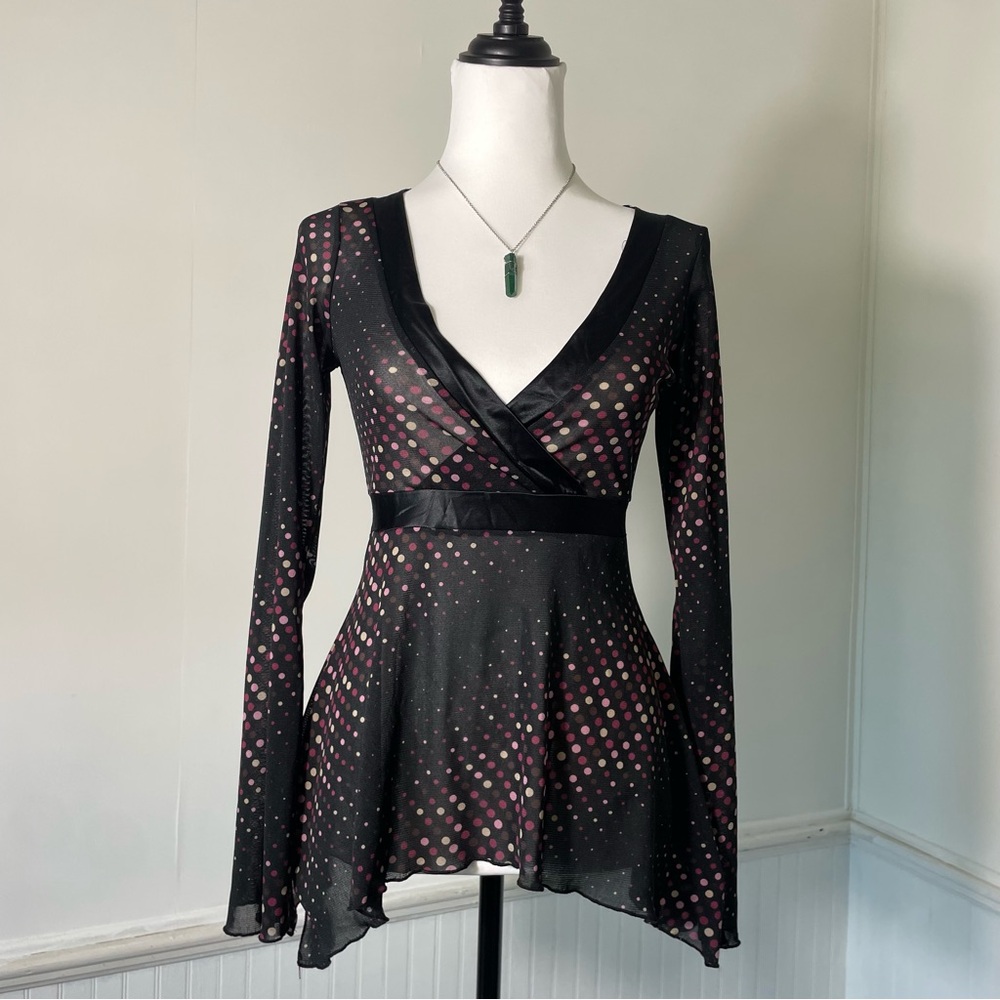 Hot Tempered Don’t Be Afraid Y2K B&W Pink Polka Dot Mesh Flare Long Slv Babydoll